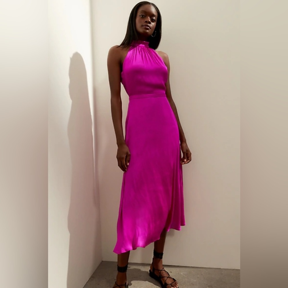 Elegant Banana Republic bright Pink silky Halter Dress